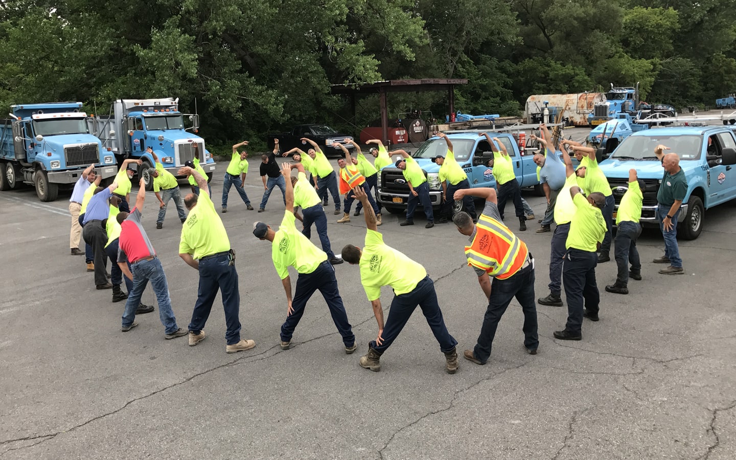 Construction workers stretching
