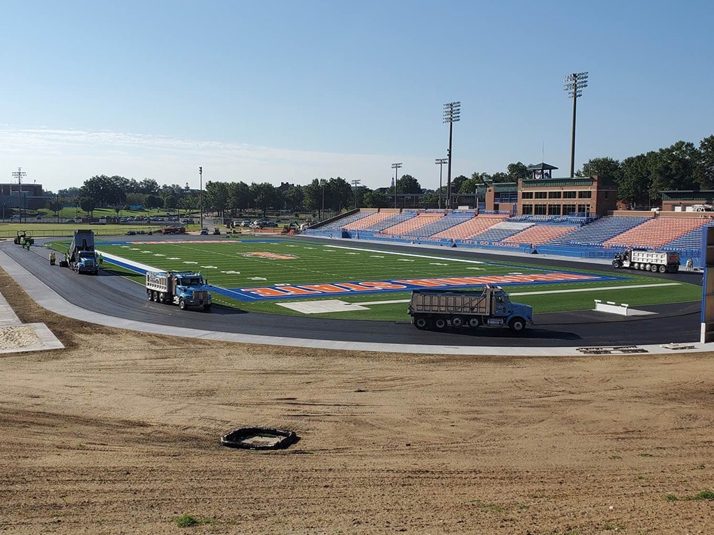 Ruston Paving crews paving the new track at Rogers Stadium at Virginia State University