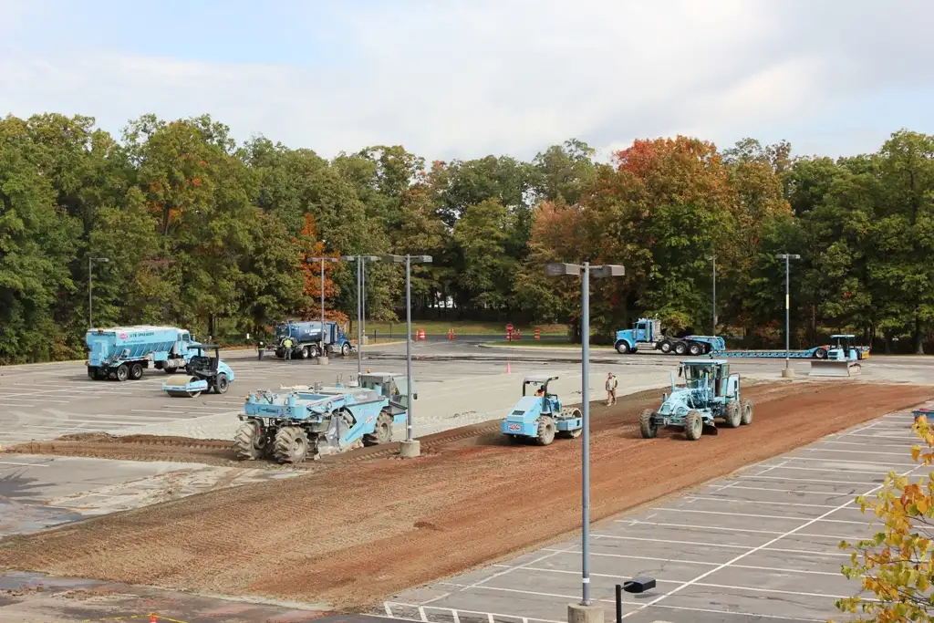 Full-depth reclamation commercial parking lot project with reclamation equipment rebuilding the pavement base in place