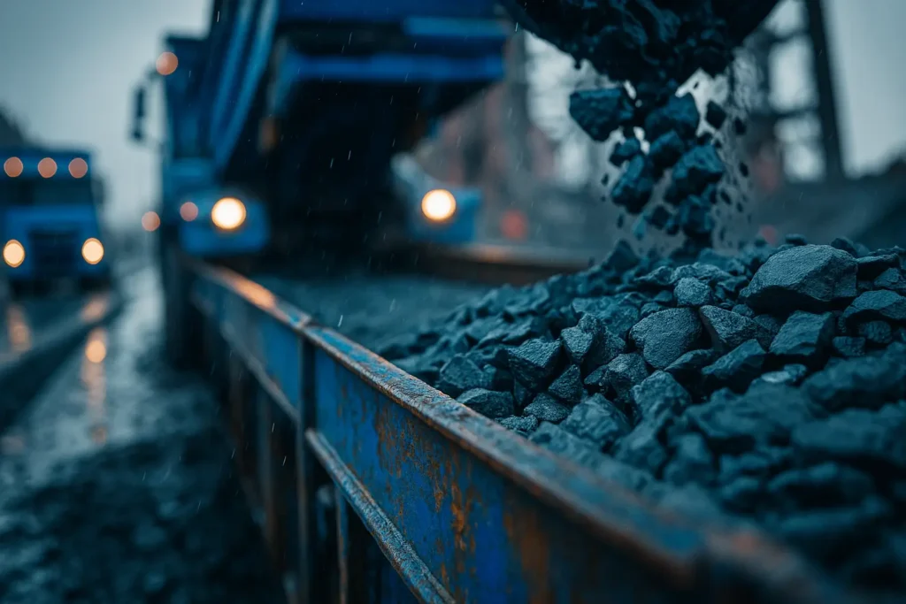 Close-up of reclaimed asphalt pavement being dumped from a truck into a storage container during asphalt milling and recycling process on a rainy construction site, with wet crushed asphalt material and heavy machinery in the background